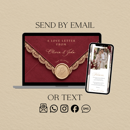 Burgundy envelope and floral wedding website displayed on a laptop and phone, ready to share by email or text.