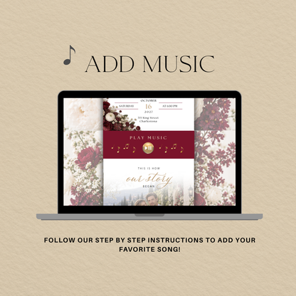 Burgundy floral wedding website on a laptop with instructions for adding a favorite song.