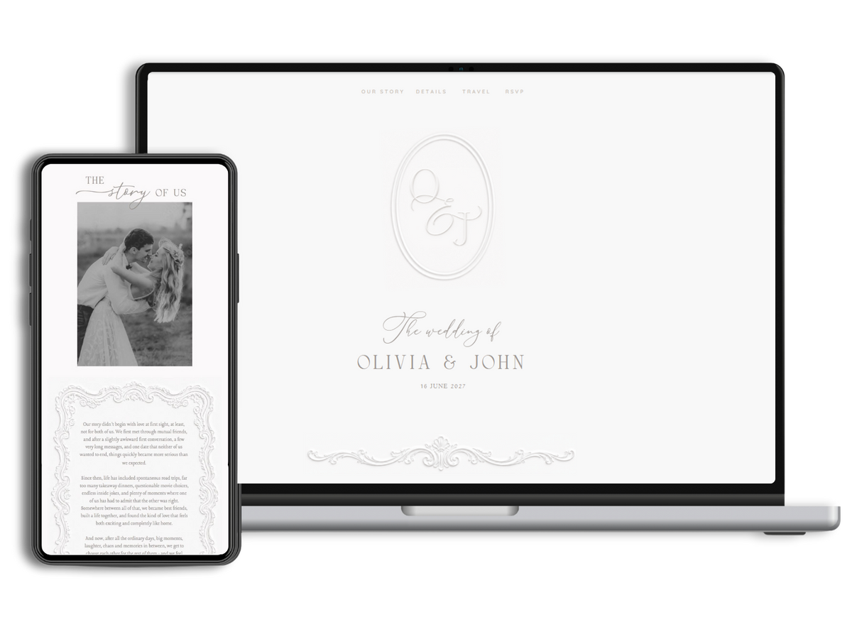 A wedding invitation website displayed on a laptop and mobile phone